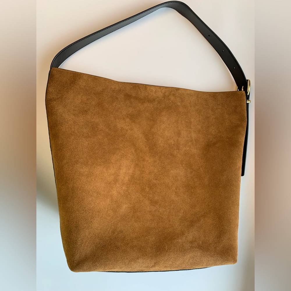 Madewell Extra-Large Essentials Aged Cognac Suede Black Leather Bucket Tote - Picture 6 of 16